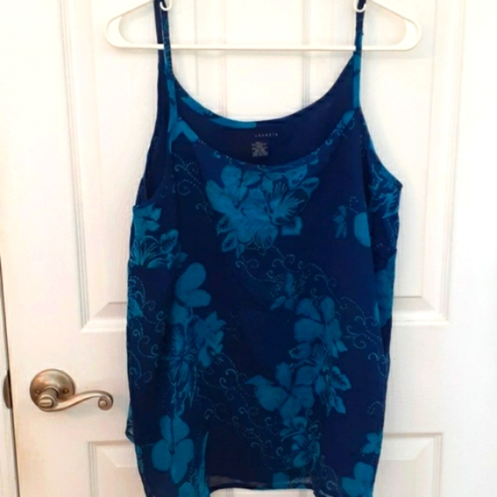 Venezia Sz 22  blue tropical sleeveless flowy Chiffon top|cami fully lined